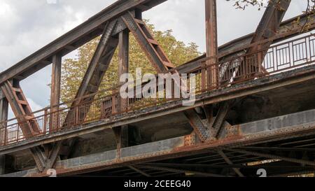 Old railway bridge from a frog's eye perspective Stock Photo