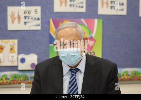 Mevo Horon, West Bank. 01st Sep, 2020. Israeli Prime Minister Benjamin Netanyahu marks the beginning of the school year at an event at the Netaim School in the West Bank settlement of Mevo Horon on Tuesday, September 1, 2020. Pool Photo by Marc Israel Sellem/UPI Credit: UPI/Alamy Live News Stock Photo