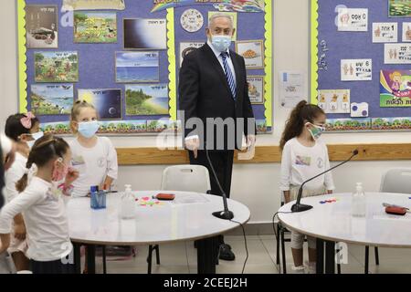 Mevo Horon, West Bank. 01st Sep, 2020. Israeli Prime Minister Benjamin Netanyahu marks the beginning of the school year at an event at the Netaim School in the West Bank settlement of Mevo Horon on Tuesday, September 1, 2020. Pool Photo by Marc Israel Sellem/UPI Credit: UPI/Alamy Live News Stock Photo