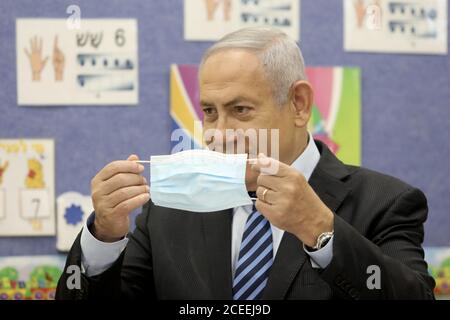 Mevo Horon, West Bank. 01st Sep, 2020. Israeli Prime Minister Benjamin Netanyahu marks the beginning of the school year at an event at the Netaim School in the West Bank settlement of Mevo Horon on Tuesday, September 1, 2020. Pool Photo by Marc Israel Sellem/UPI Credit: UPI/Alamy Live News Stock Photo