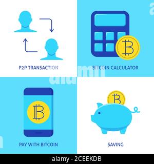 Cryptocurrency transactions icon set in flat style. Bitcoin calculator, p2p transfer, piggy bank and mobile payment symbols. Vector illustration. Stock Vector