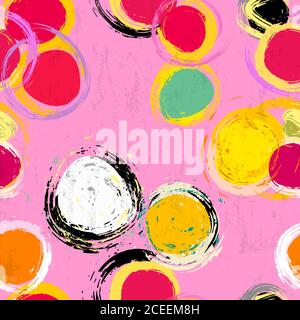seamless background pattern, with circles and strokes, grungy, on pink Stock Vector