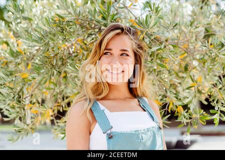 Smiling Woman at tree Stock Photo