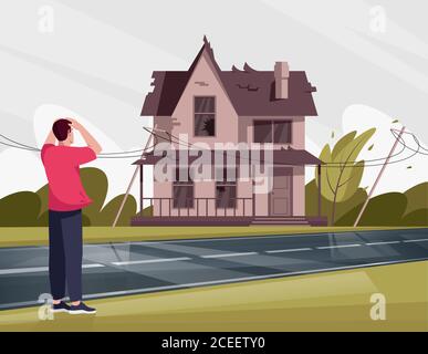 Man shocked by shabby house with broken windows semi flat vector illustration Stock Vector