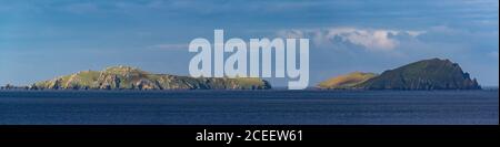 Panorama of Great Blasket Islands during sunrise on the west coast of County Kerry in the Republic of Ireland Stock Photo