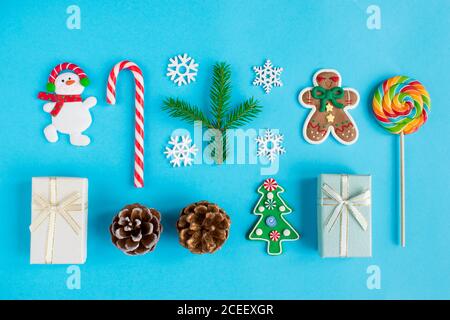 Various Christmas decorations on a blue background. Stock Photo