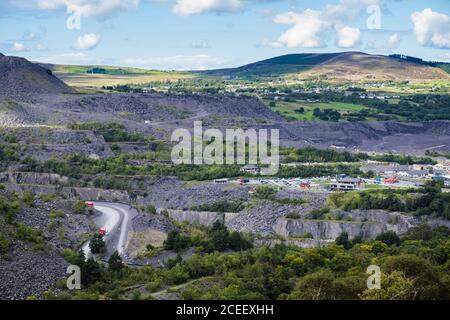 Distant view to Zip World centre in Penrhyn Quarry. Bethesda, Gwynedd, Wales, UK, Britain Stock Photo