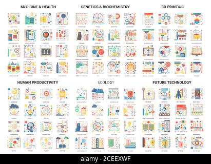 Complex concept flat abstract vector icons, modern design icon set future innovation technology in medicine and genetics biochemistry icon, 3d printing, human productivity digital symbols Stock Vector