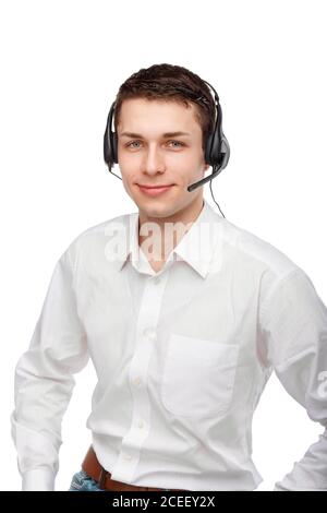 Closeup portrait of male customer service representative or call centre worker or operator or support staff speaking with head set, isolated on white Stock Photo