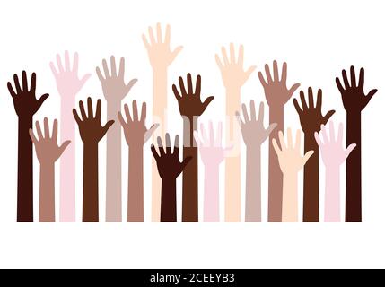 Human hands with different skin colors, people of color, black lives matter, blm, fight against racism, vector background Stock Vector