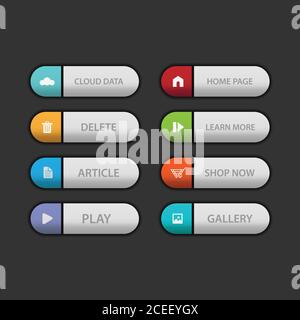 Colorful web design button collection with flat design. Web and ui application color button icon for modern website. Vector icons isolated on dark bac Stock Vector