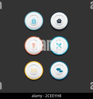 Circle web design button collection with flat design. Web and ui application color button icon for modern website. Vector icons isolated on dark backg Stock Vector