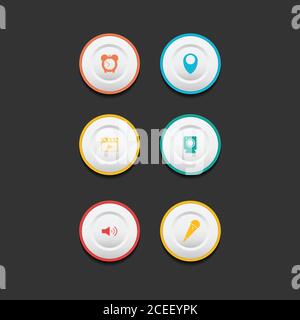 Circle web design button collection with flat design. Web and ui application color button icon for modern website. Vector icons isolated on dark backg Stock Vector