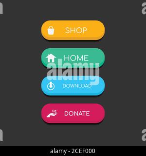 Colorful web design button collection with flat design. Web and ui application color button icon for modern website. Vector icons isolated on dark bac Stock Vector