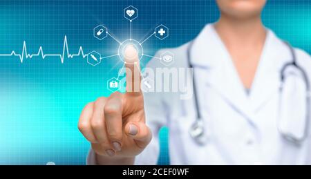 Medical Technology. Female doctor's hand touching virtual screen with med healthcare icons Stock Photo