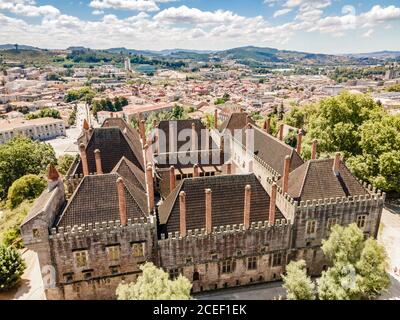 Aerial view of palace of dukes of Braganza and city of Guimaraes, Portugal Stock Photo