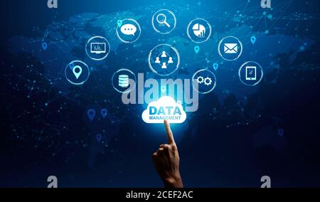 Male Hand Choosing Gloving Data Management Cloud, Different Infographic Icons On Background Stock Photo