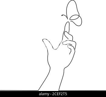 Hand with butterfly on finger. Line art drawing style. Black linear sketch isolated on white background. Vector illustration