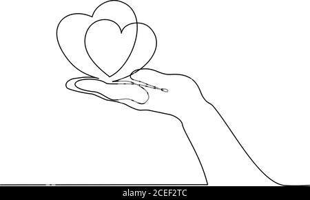 Hand holding heart sign. Continuous one line art drawing style. Black linear sketch isolated on white background. Vector illustration Stock Vector