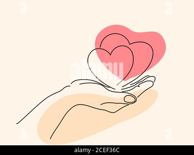 Hand holding heart sign. Line art drawing style. Black linear sketch isolated on color background. Vector illustration Stock Vector