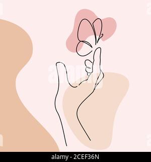 Hand with butterfly on finger. Line art drawing style. Black linear sketch isolated on color background. Vector illustration Stock Vector