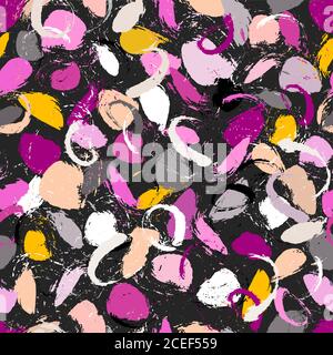 seamless background pattern, with circles, strokes and splashes, grungy, on black Stock Vector