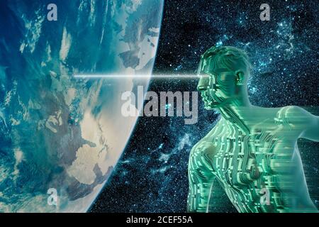Human technology cyborg android humanoid robot above Earth AI concept Stock Photo