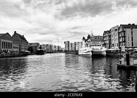 View on the interior water of seaport of Gdansk, Poland. Gulf of Gdansk, Baltic Sea. Stock Photo