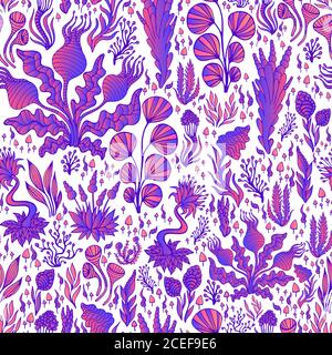 Colorful fantasy abstract decorative surreal flowers seamless pattern, gradient neon color, isolated on white background. Vector hand drawn with fanta Stock Vector
