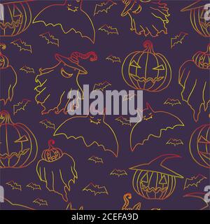 Bright ghosts hat pumpkins bats on a dark purple background Stock Vector