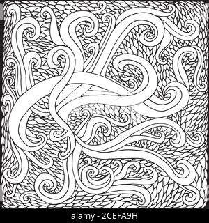 Black and white psychedelic background, waves and scales intertw Stock Vector