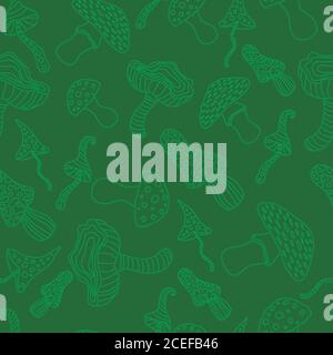 Monochrome seamless mushroom pattern,green contour dark green ba Stock Vector