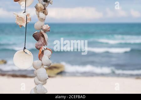 Garland of seashells on the backgound of the sea. Stock Photo