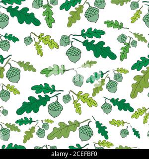 Forest seamless pattern. Bright acorns and juicy green oak leave Stock Vector