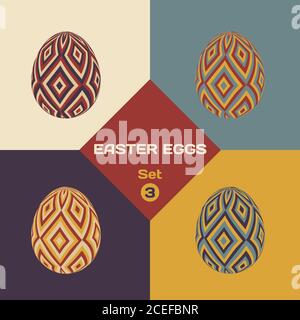 Set of four patterned colorful easter eggs with geometric patterns. Easter greeting card banner template. Vector illustration. Stock Vector