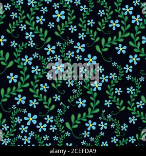 Field wild flowers, seamless floral pattern. Bright, decorative blue flowers in a green foliage on a black background. Vector hand drawn illustration Stock Vector