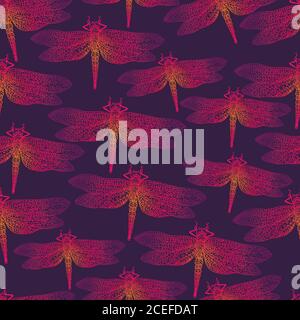 Dragonfly, bright insect, seamless pattern. Gradient orange pink Stock Vector