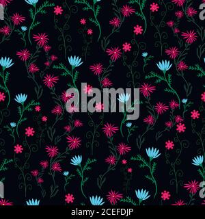 Wild, campestral, ornamental flowers, blue crimson color on a bl Stock Vector
