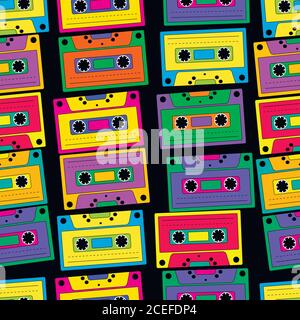 Bright, colorful, retro cassette seamless pattern, on a black ba Stock Vector
