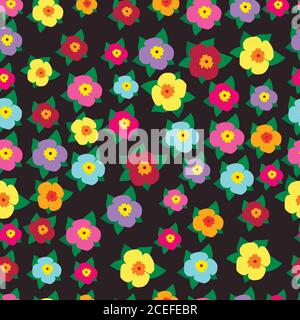 Bright, colorful, decorative, buds of flowers with leaves on a dark brown background. Floral seamless pattern. Vector hand drawn illustration Stock Vector