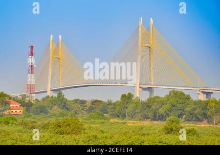 Tsubasa Bridge (also known as Neak Loeung) over the Mekong River in Cambodia. Stock Photo