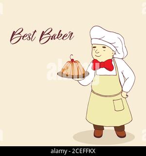 Figure baker,baking on a tray,comic style,chubby confectioner in Stock Vector
