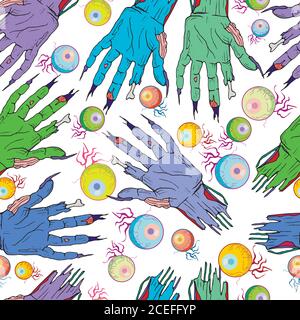 Seamless zombie hand, eye pattern. Halloween cartoon, funny back Stock Vector