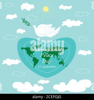 International Day Peace.Flying dove with branch, planet earth i Stock Vector
