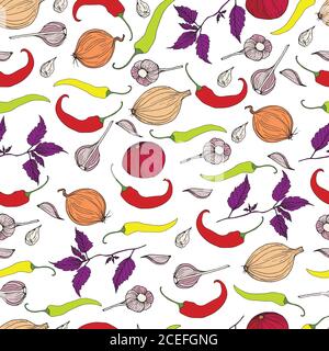Bright, juicy, ripe chili peppers, garlic, onion and basil branc Stock Vector