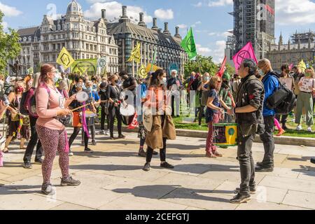 Extinction Rebellion protest in Parliament Square about climate change and the environment. London - 1st September 2020