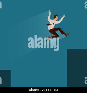 Businessman jumps over a gorge in the rocks. Stock Vector