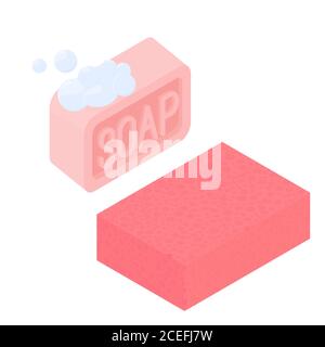 isometric pink soap and sponge isolated on white background. vector illustration of soap with soap foam bubbles. cleanliness concept icons Stock Vector