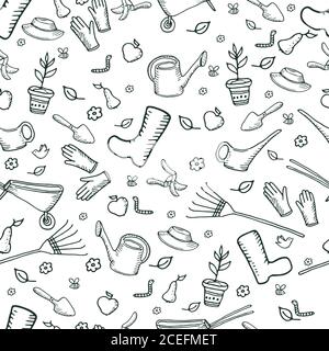 Monochrome funny garden seamless pattern, dark green color outli Stock Vector