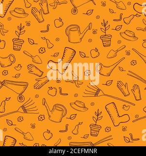 Color mochrome funny cartoon garden seamless pattern, orange bac Stock Vector
